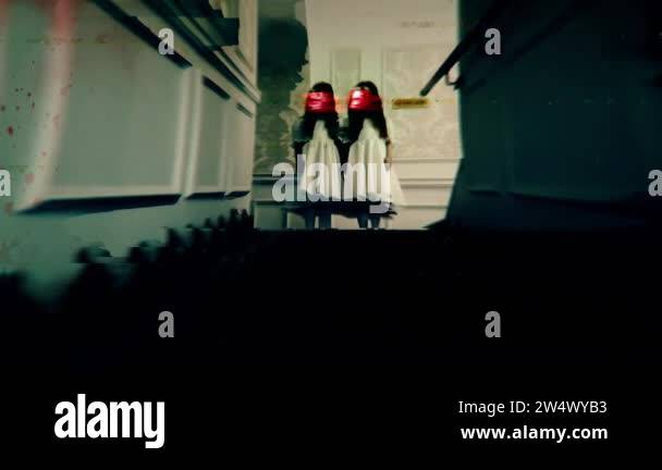 Two creepy twins with red distorted faces standing on hotel stairs ...