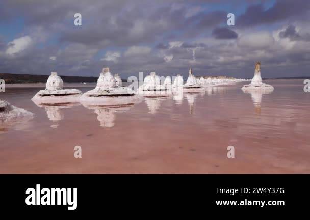 Drying Kuyalnik estuary. Salt crystals on wooden pillars of an old 18th ...