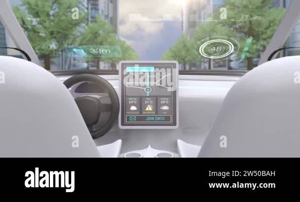 Animation of video game simulation screen showing car cockpit driving ...
