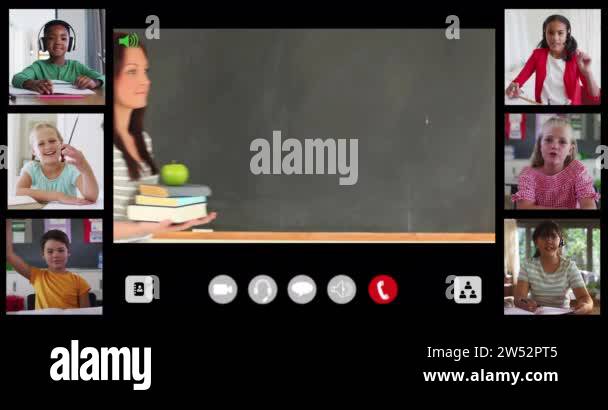 Composite video call interface with diverse smiling female teacher and ...