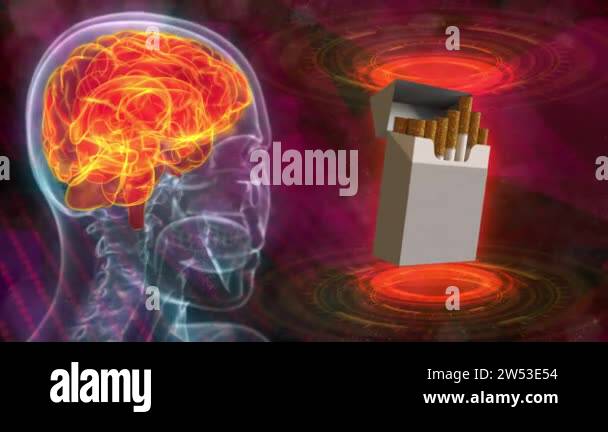 roentgen human head image with highlighted brain and cigarette pack ...