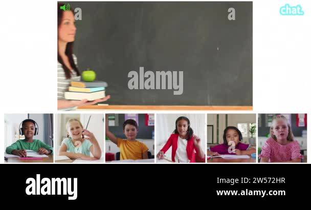 Composite video call interface with diverse female teacher and six ...