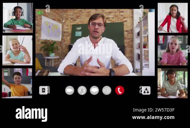 Composite video call interface with diverse male teacher and six ...