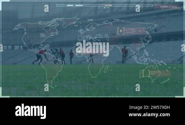 Animation of digital interface with world map over football players ...