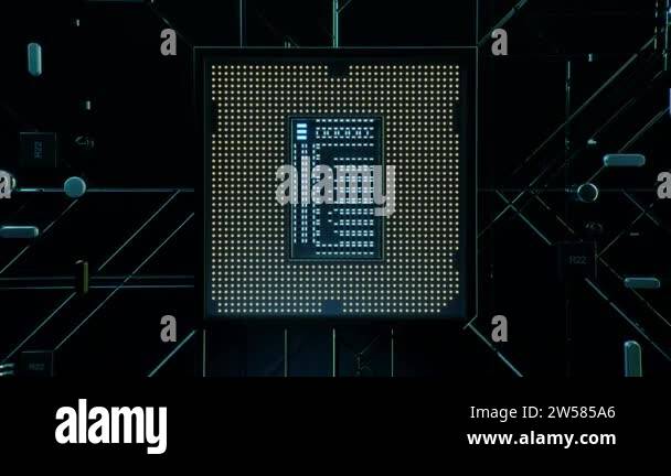 Technological background with CPU and circuit board. Flying CPU and ...