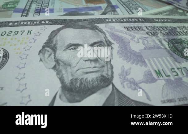 USD banknote. 5 dollars USA in Macro shot. President of the United ...