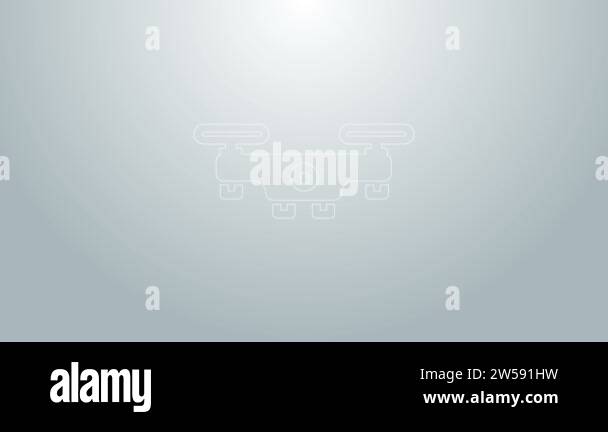 Blue line Drone flying icon isolated on grey background. Quadrocopter ...
