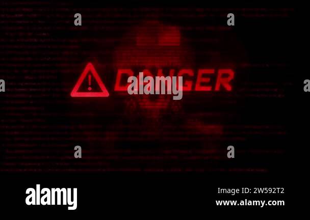 Danger Warning digital error message glitch flashing on black screen ...