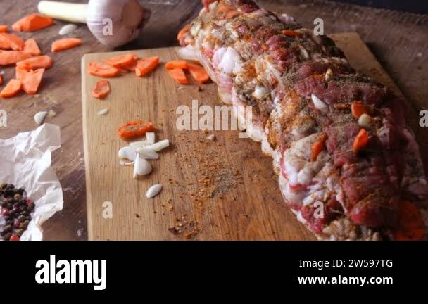 Fresh juicy piece of raw meat pork steak or bacon with seasonings of ...