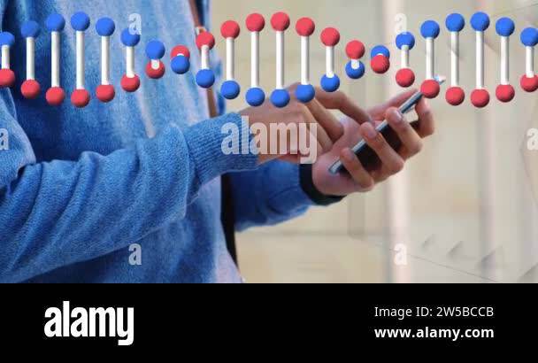 Neon qr code scanner and dna structure spinning against mid section of ...