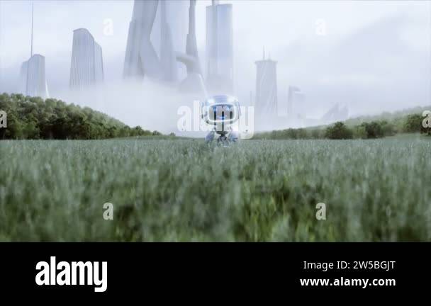 Funny toy robot in the meadow on the background of a futuristic city ...