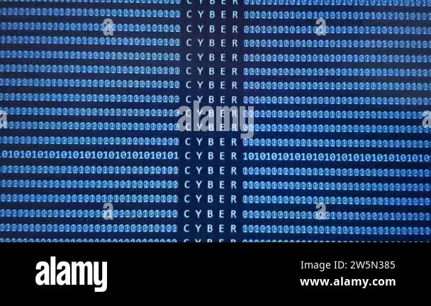 Software development blue screen with word CYBER. Scrollining binary ...