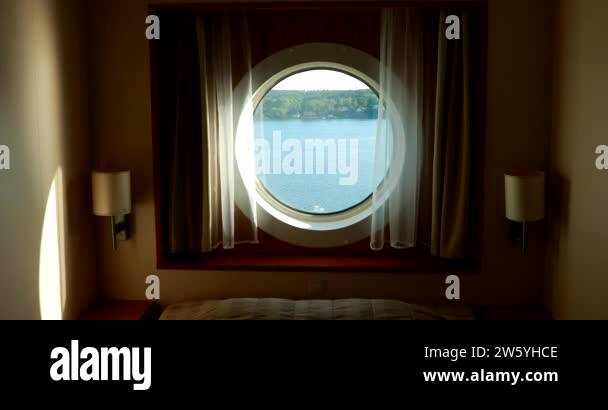 Ship Cabin With Bed And Window With View On Sea. Luxury Cabin On Ferry ...