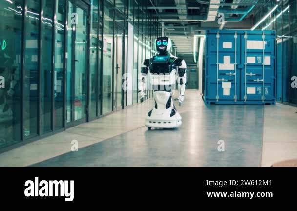 Innovation technology concept. Robot, bionic cyborg is moving along the ...
