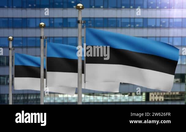 3D, Estonian flag waving on wind with modern skyscraper city. Estonia ...