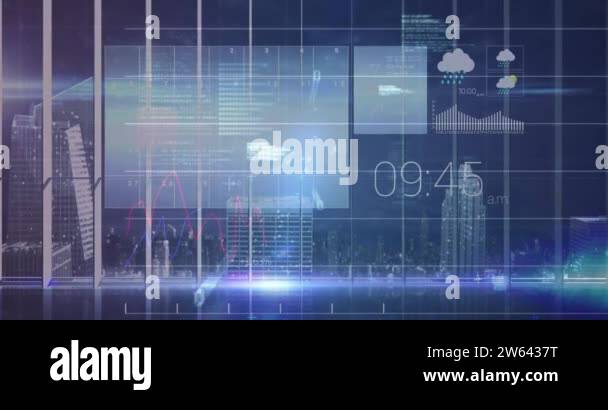 Animation of graphs data and information moving on screen over 3d model ...