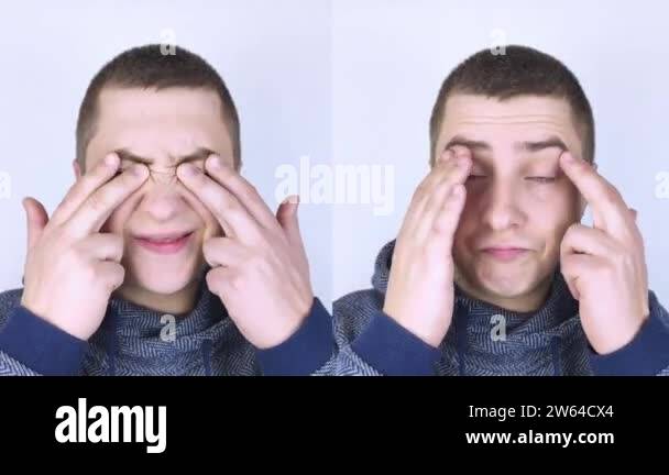 Before and after. On the left the man indicates eyes pain, and on the ...