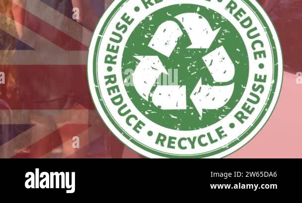 Reduce reuse recycle text over flag of great britain and man charging ...