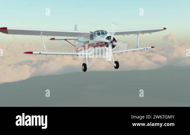 The antonov An-2 bi-plane fly in bad weather. Old white retro plane ...