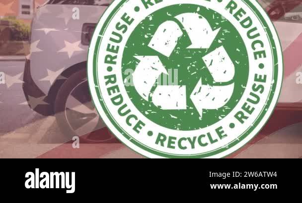 Reduce reuse recycle text over flag of united states and man charging ...