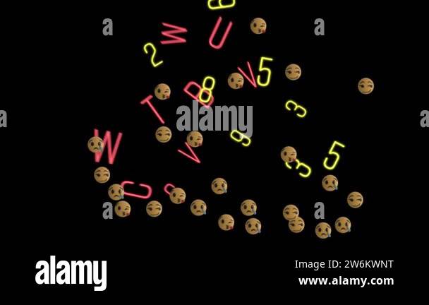 Animation of floating numbers, letters and emojis on black background ...