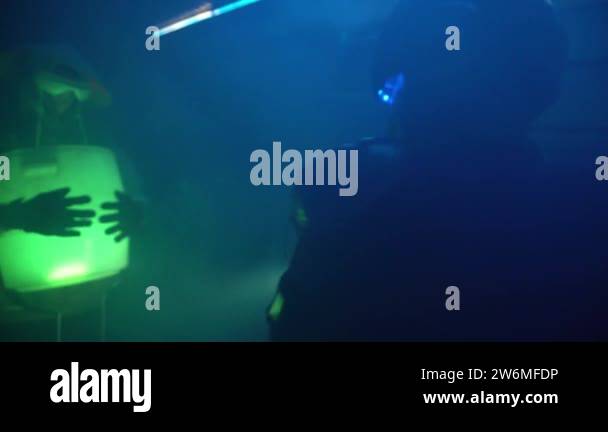 Cyberpunk future. Police officer halfman bionic cyborg is walking ...