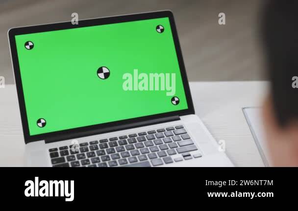 Back view of businessman look green screen laptop in office. Close up ...