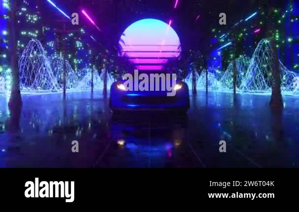 Car and city in neon style. 80s retro wave background 3d animation ...