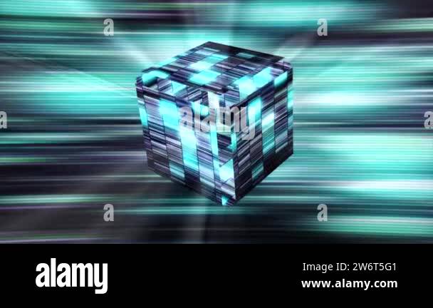 Abstract transforming 3d cube made of blue and turquoise tiles. Motion ...