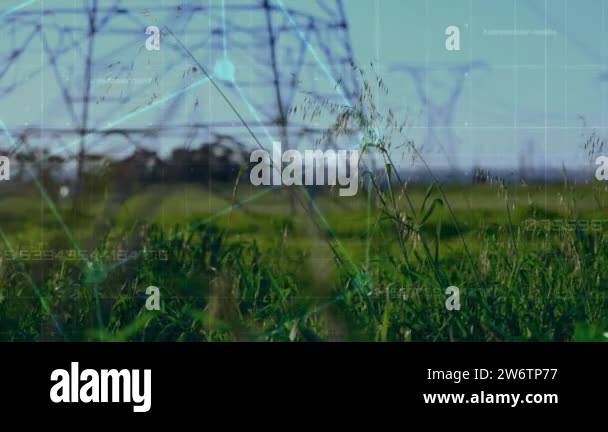Animation of data processing and square over landscape with electricity ...