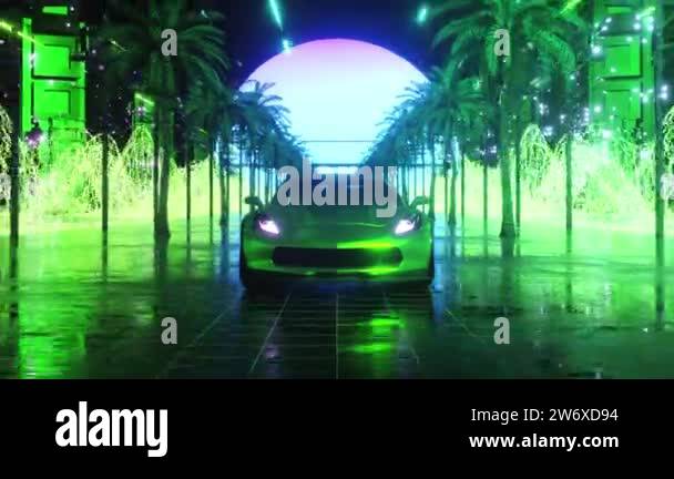Car and city in neon style. 80s retro wave background 3d animation ...