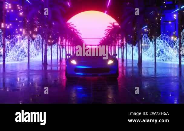 Car and city in neon style. 80s retro wave background 3d animation ...