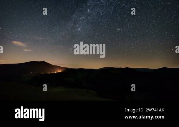 Stars with milky way galaxy moving in starry night sky over mountains ...