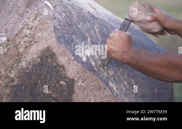 Ancient man cave painting and writing historic inscription graffiti on ...