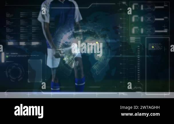 Animation of digital data processing on screen over football player ...