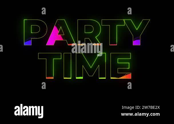 Dance party in 80s style. Party time text animation. Glowing neon ...