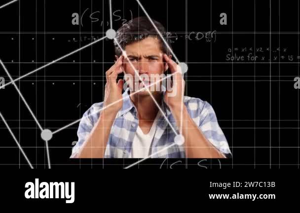Animation of mathematical equations over stressed man thinking. global ...