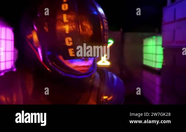 Cyberpunk concept, future world. Police officer halfman bionic cyborg ...