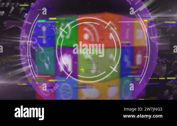 Animation of scope scanning over globe and cube on black background ...