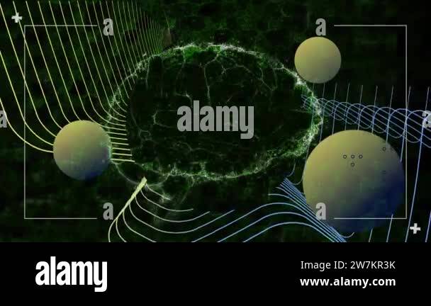 Animation of digital brain rotating over yellow and blue curves and ...
