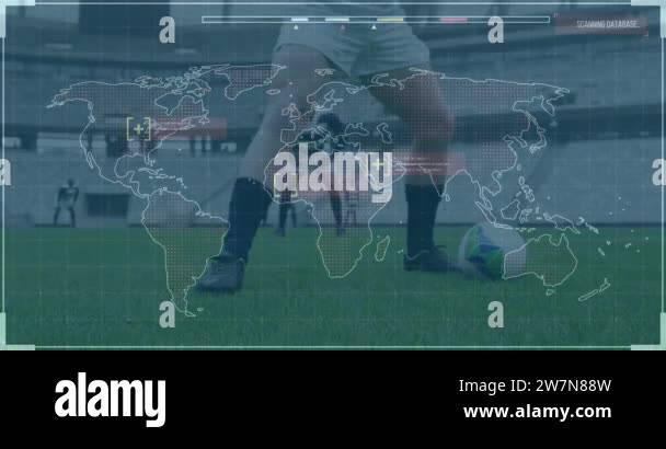 Animation of digital interface with world map over football players ...