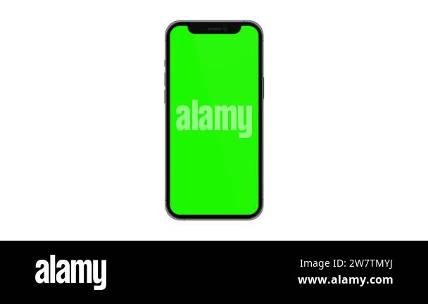 Mobile phone with blank green screen, front view, isolated on white ...