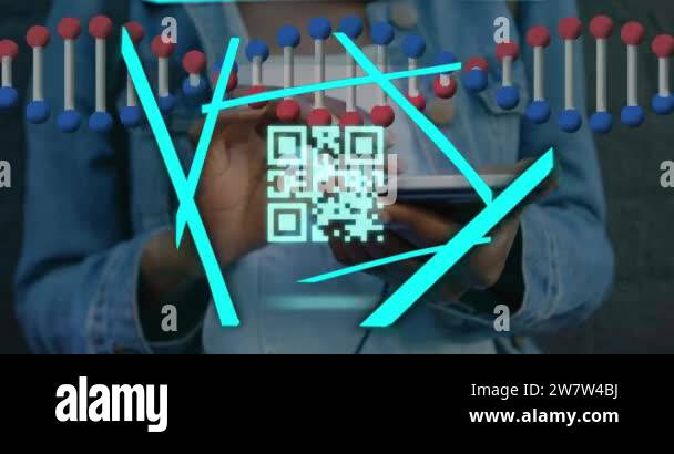 Neon qr code scanner and dna structure spinning against mid section of ...