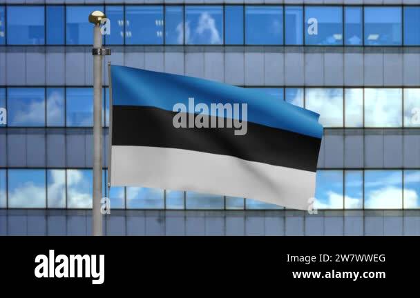 3D, Estonian flag waving on wind with modern skyscraper city. Close up ...