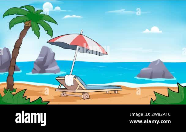 Animation of beach with sun bed lounger and umbrella. Summer vacation ...