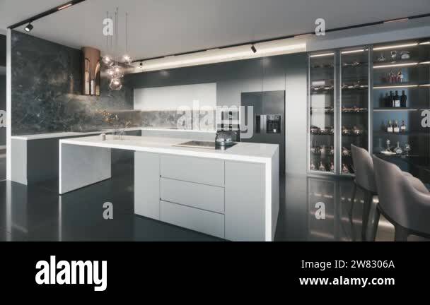 View of Luxury kitchen with an island. Modern interior in luxury house ...