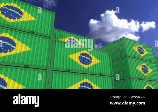 Brazil flag containers are located at the container terminal. Concept ...