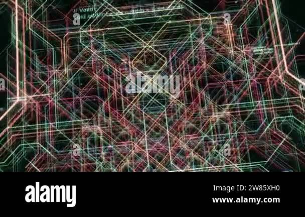 Computer electronic circuit with codes. Motion. Colored lines move ...