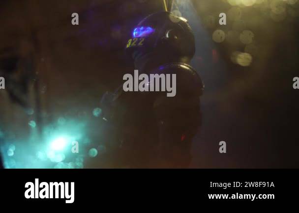 Cyberpunk future. Police officer halfman bionic cyborg shines ...