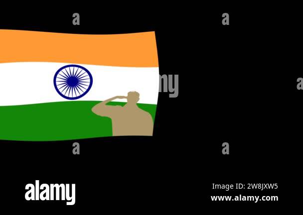 Saluting Screen Saluting Indian soldier with flag isolated on black screen. Loop motion ...